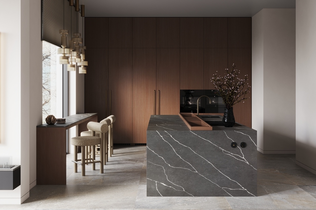 Кварцевый агломерат Grey Marquina в интерьере