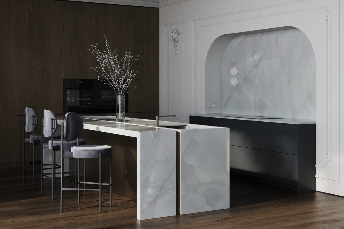 Кухонный интерьер с кварцевым агломератом Onyx Bianco