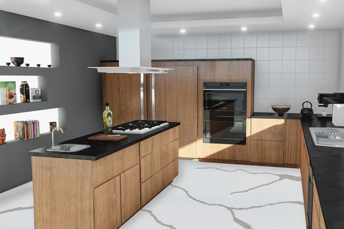 Отделка пола кварцевым агломератом Calacatta Beige